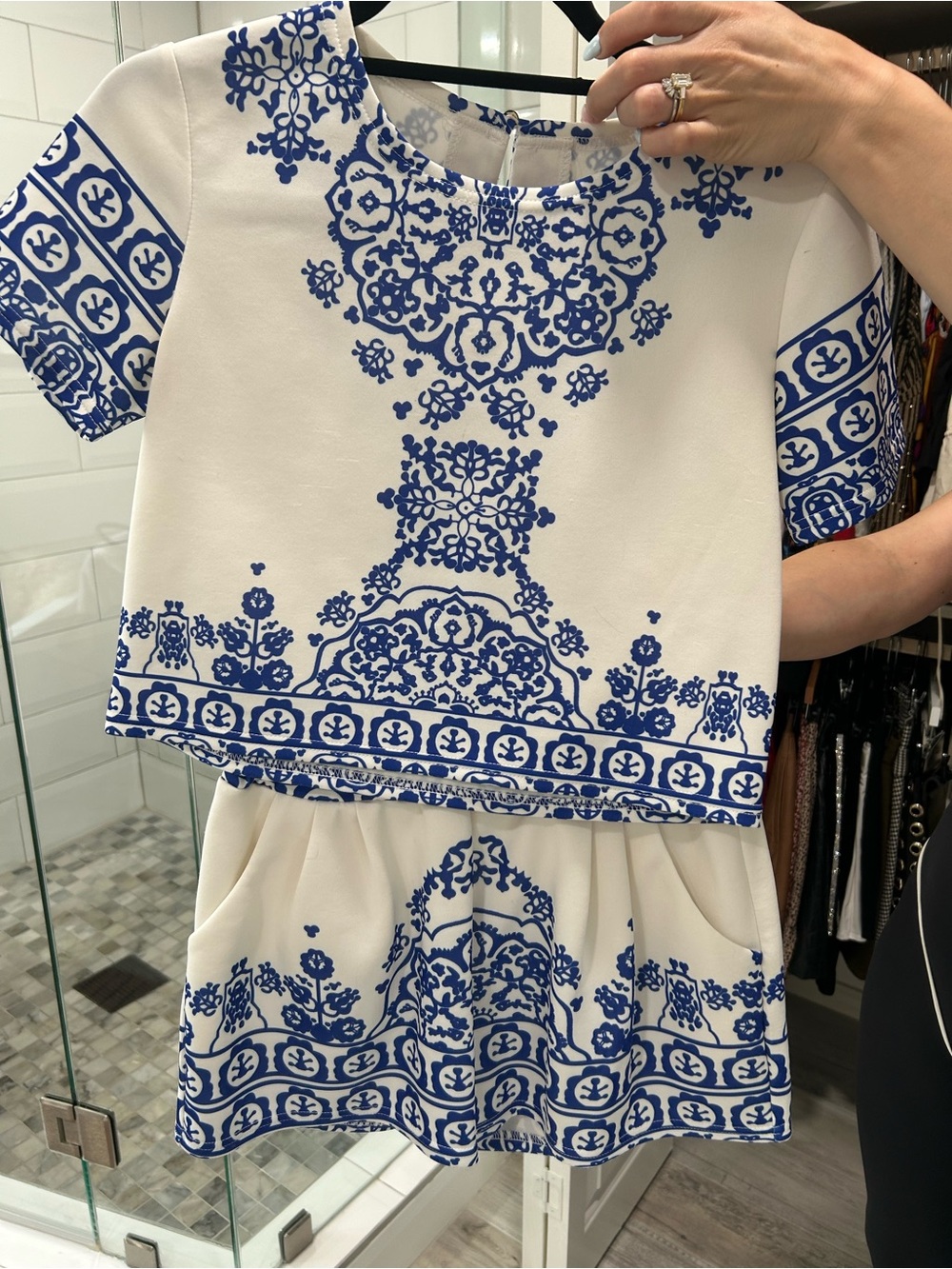 White and Blue Tile-Print Two-Piece Set